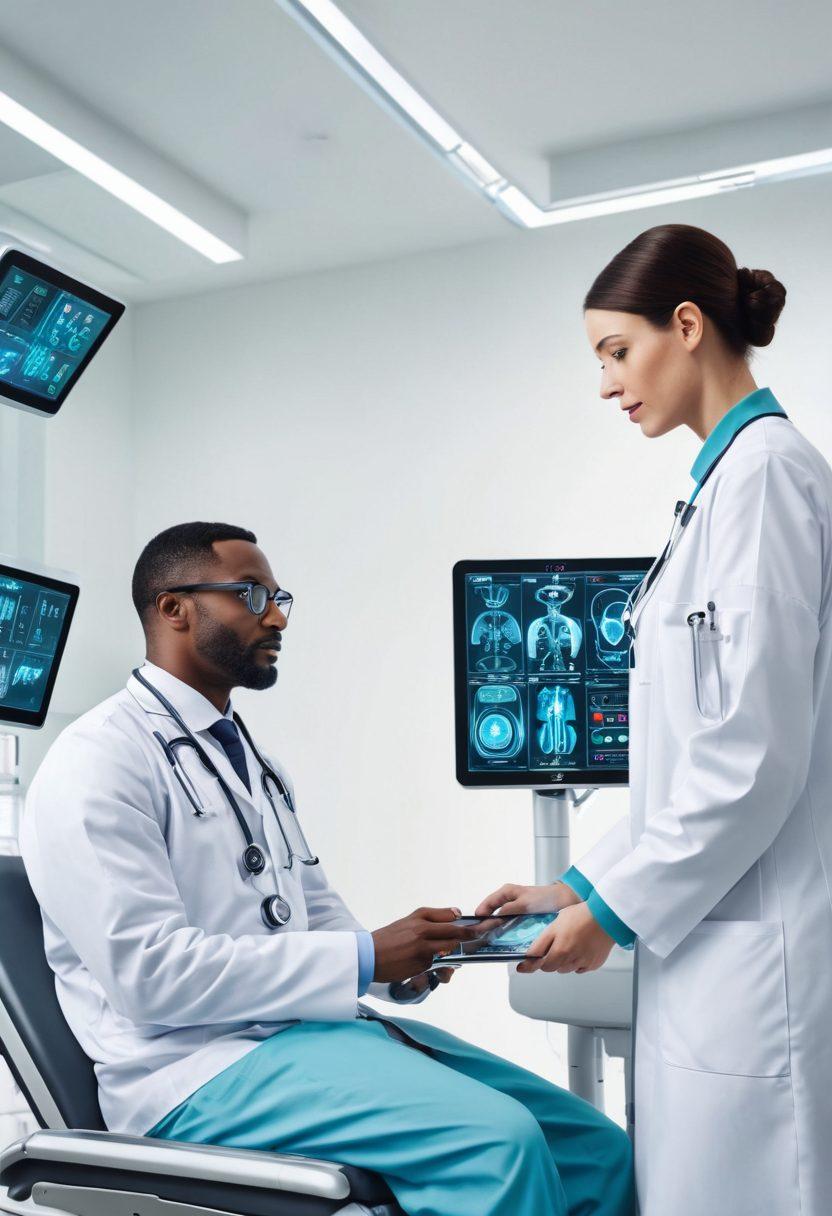Illustration of a futuristic hospital blending digital health technologies with traditional care methods. Highlight a doctor consulting a patient using a tablet, smart monitors displaying patient vitals, and robotic assistants. Style: super-realistic, vibrant colors, white background.