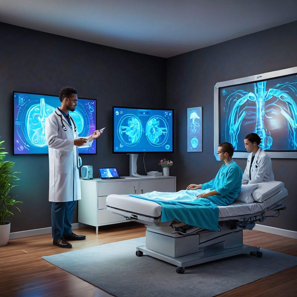 A futuristic virtual doctor consultation scene with a patient interacting with a holographic doctor on a large screen. The background features sleek, modern medical technology and AI-powered diagnostics. The patient is comfortable in a cozy home environment, showcasing the convenience of online consultations. Vibrant colors highlight the advanced technology. 3D, super-realistic.